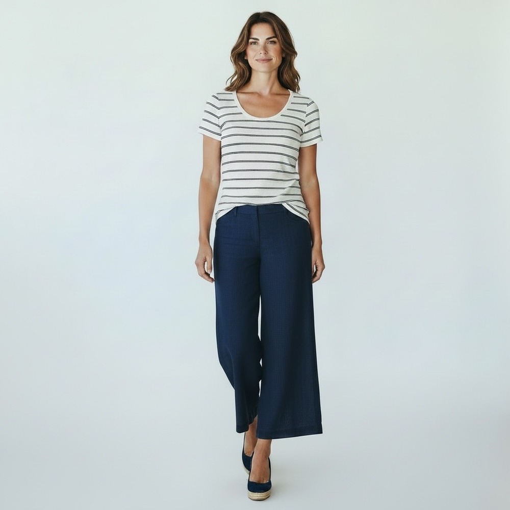 Gap Linen Blend Tee Women M White Navy Stripe Modern Coastal Chic NWT $34.99